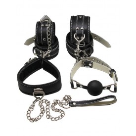 Пикантный БДСМ-набор на мягкой подкладке: наручники, поножи, ошейник с поводком, кляп